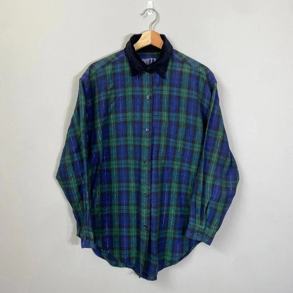 Vtg Quizz Long Sleeve Velvet Collar Plaid Button Down Shirt Women's Small Multi - Picture 2 of 12